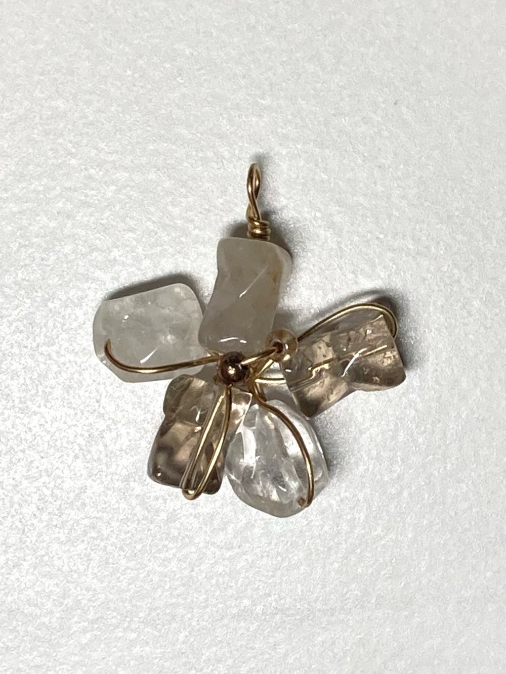 Gold Tone Wire Smoky & Clear Quartz Cluster Pendant